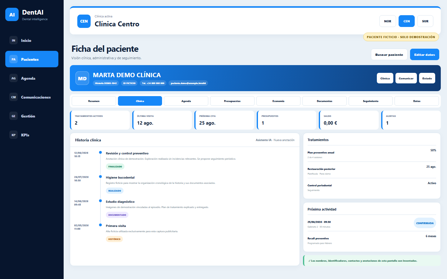 Captura demostrativa de una ficha clínica con datos inventados